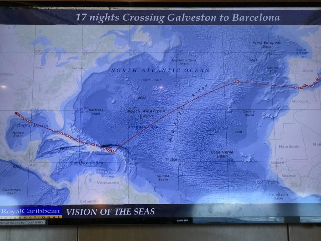 Retirement Extravaganza - Vision of the Seas cruise ship route map of cruise from Galveston, Texas to Barcelona, Spain